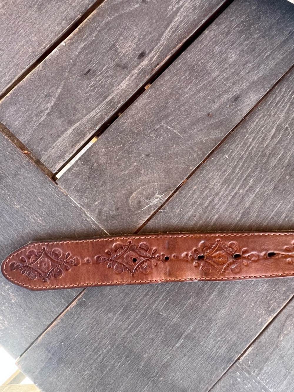 Justin Tooled Leather Western Belt Sz L / 34 Removable Rhinestone Scroll Buckle - Picture 8 of 14